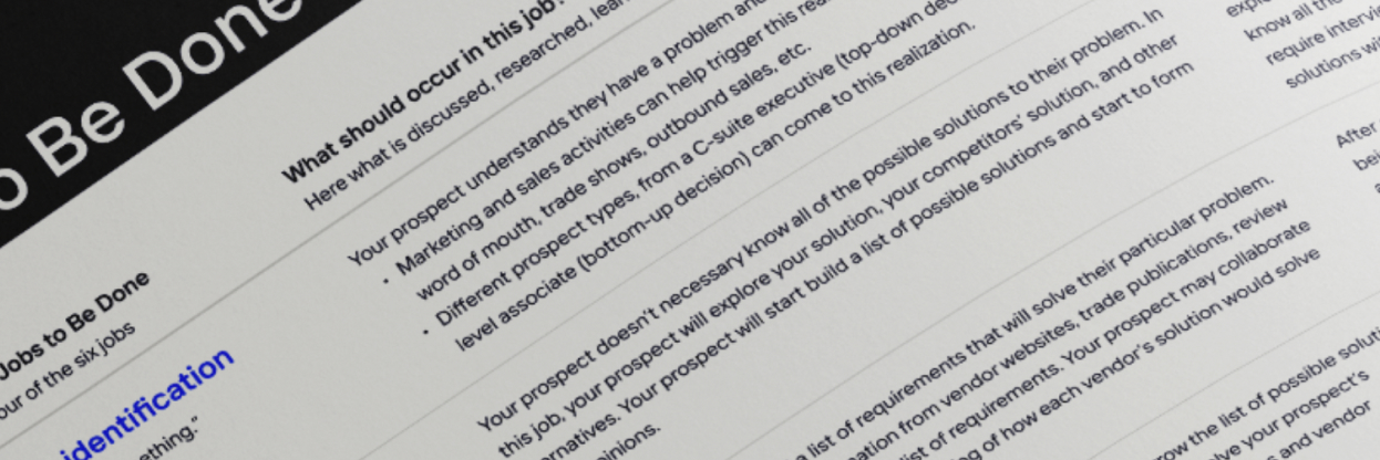 A preview of the Job's To Be Done Overview page in Convey Digital's Uncover B2B Website Strategy Report that shows an overview of how the Job's To Be Done Framework can be applied to a B2B Website.