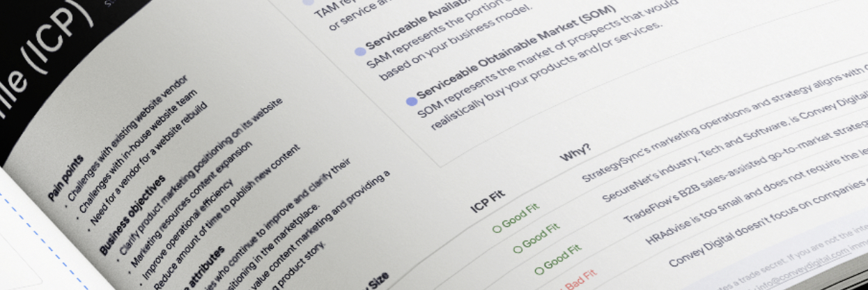 A preview of the Ideal Customer Profile (ICP) page in Convey Digital's Uncover B2B Website Strategy Report that shows a B2B company's ICP definition, ICP targets, and if it's current clients fit their ICP definition.